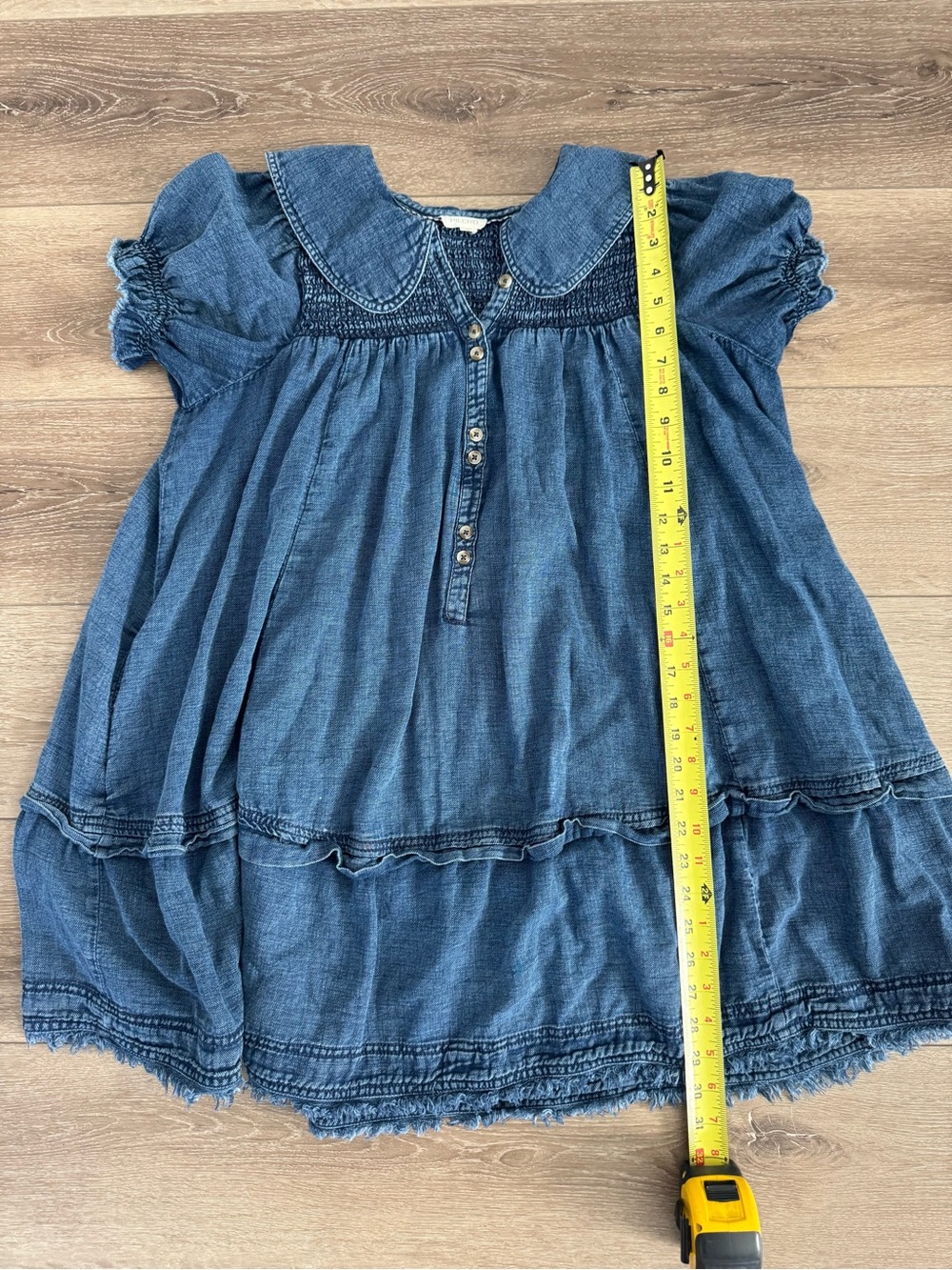 Pilcro Anthropologie Denim Smocked Babydoll Swing Mini Dress Medium - Picture 12 of 13